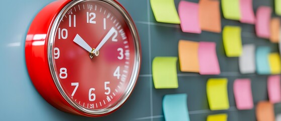A red wall clock beside colorful sticky notes on a board, symbolizing time management and organization in a workspace.