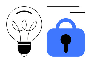 Simple black and white lightbulb next to a blue lock with lines above. Ideal for concepts related to innovation, security, technology, brainstorming and protection. Minimalist modern style