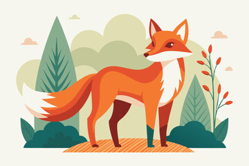 Obraz premium Stylized Vector Illustration of a Fox in a Minimalist Forest Scene