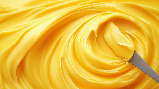 Smooth, creamy swirl of vibrant yellow butter spread elegantly with a knife, showcasing rich texture and inviting deliciousness for culinary endeavors.