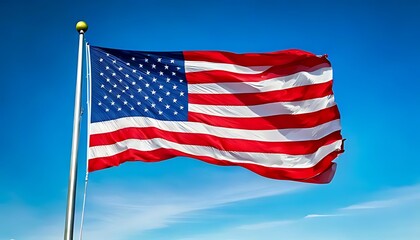 Naklejka premium America flag flying on pole against blue sky background