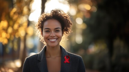 Obraz premium A smiling woman standing outdoors, wearing a red AIDS ribbon pinned to her jacket
