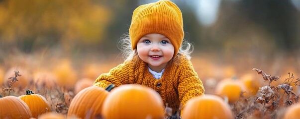 Adorable child in a cozy sweater, joyfully playing among bright pumpkins in a colorful autumn field.