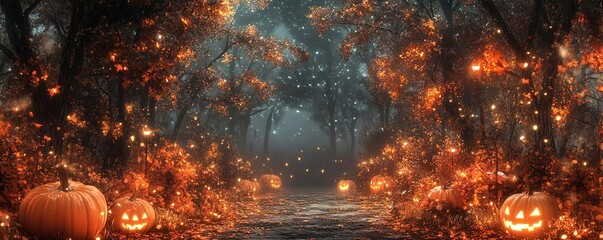 A spooky Halloween forest illuminated by glowing pumpkins and magical lights, creating an eerie yet enchanting atmosphere.