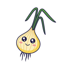 Cute Kawaii onion cartoon icon illustration. Food vegetable flat icon concept isolated on white background. Onion character, mascot in Doodle style.