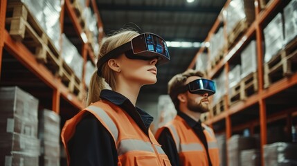 Logistics professionals using augmented reality glasses to assist in picking and packing operations in a warehouse