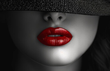 Fototapeta premium Red-lipped woman in a black hat A close-up captures a woman with striking red lips and a black hat obscuring her eyes, creating an air of mystery and allure.