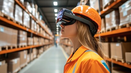 Logistics professionals using augmented reality glasses to assist in picking and packing operations in a warehouse