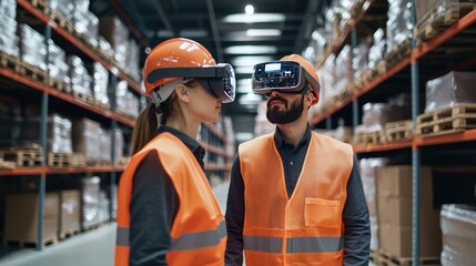 Logistics professionals using augmented reality glasses to assist in picking and packing operations in a warehouse