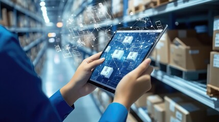 Logistics team using advanced software on tablets to track shipments and manage inventory in a high-tech control room