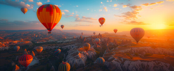 Naklejka premium Hot air balloons soaring over Cappadocia at sunset Colorful hot air balloons float gracefully above Cappadocia's unique rock formations during a stunning sunset.