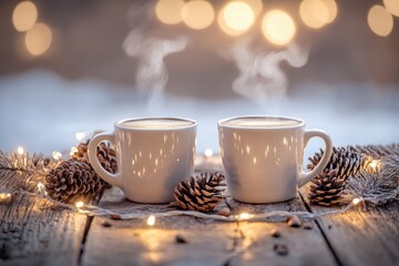 Obraz premium winter coffee scene, cozy scene hot winter coffee in mugs, on a wooden table with pinecones and fairy lights