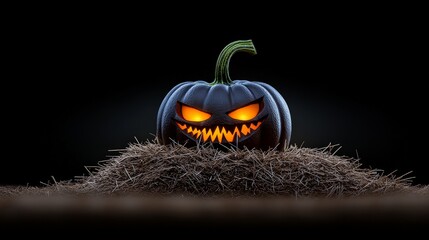 Menacing Jack-o'-lantern: A sinister, dark-blue pumpkin with glowing eyes and sharp teeth sits menacingly on a pile of hay against a black background. Perfect for Halloween, spooky themes.