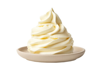 Creamy mascarpone cheese, smooth butter on plate isolated on white transparent background. Concept of dairy products and cooking ingredients