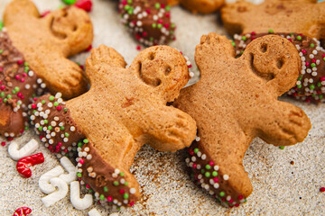Christmas gingerbread man ginger cookie party dessert christmas treat delicious gourmet food background on the table rustic copy space top view