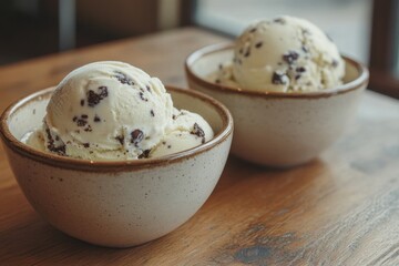 summer dessert scene, bowls of mint chocolate chip ice cream melting on a rustic table, adding to the cozy ambiance of the surroundings