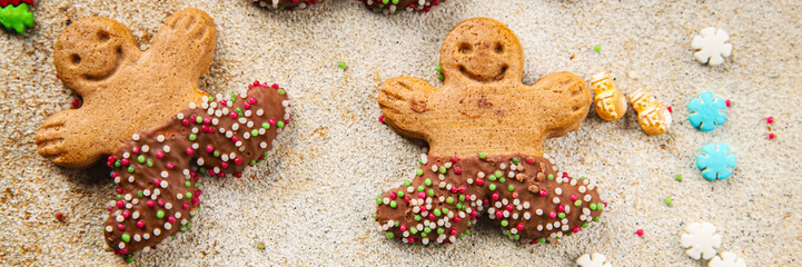 Christmas gingerbread man ginger cookie party dessert christmas treat delicious gourmet food background on the table rustic copy space top view