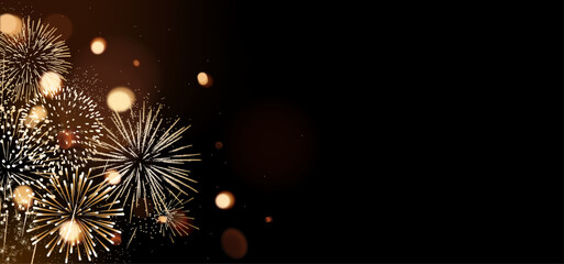 Fireworks background, celebration banner, New Year border