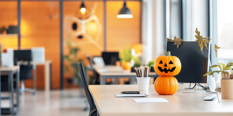 Jack o lantern pumpkin decor in office desk, halloween office