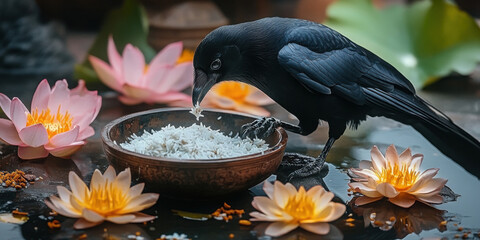 A crow eats rice offerings during the Pitru Paksha ritual, representing ancestral feeding.