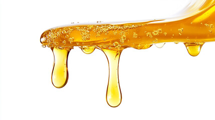 Golden Honey Dripping with Bubbles on White Background