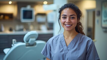 Fototapeta premium A smiling dental assistant in scrubs poses confidently in a modern dental clinic with advanced equipment
