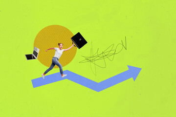 Composite photo collage of excited businesswoman run arrow development carry briefcase laptop progress isolated on painted background