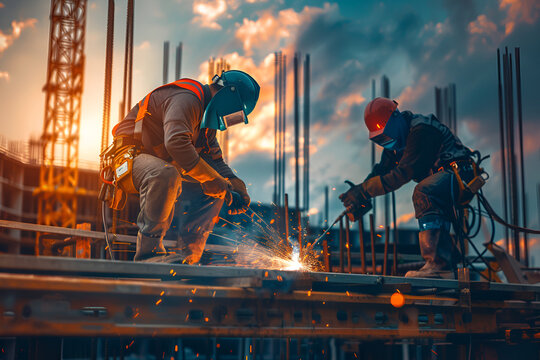 Two construction workers wearing protective gear are welding metal beams on a building site during sunset. The scene captures industrial progress and teamwork in engineering
