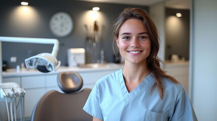 Fototapeta premium Young dental professional smiling in a modern clinic setting during office hours