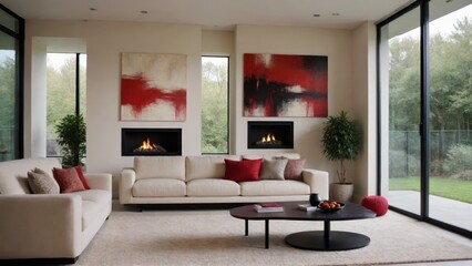Fototapeta premium modern living room, large windows, forest view, fireplace, red and white abstract art, white sofa, red cushions, coffee table, ottomans, minimalist decor, natural light, cozy interior, contemporary de