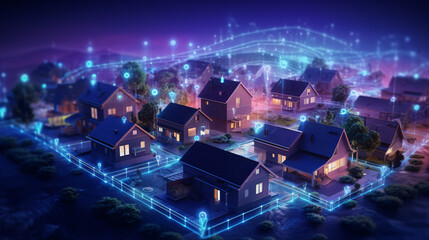 Modern housing estate of single-family houses with a holographic network of connections, smart homes, sustainable development, energy sharing, using 5G to optimize energy consumption and cloud-based v