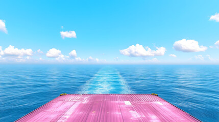 A captivating depiction of a cargo ship navigating on sparkling waters beneath a vast blue sky, symbolizing maritime adventure and transport.