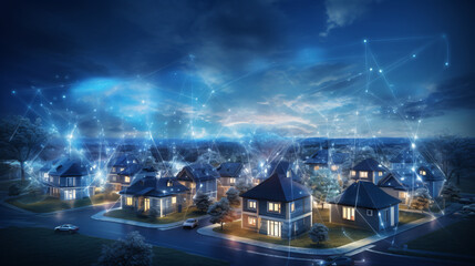 Fototapeta premium Modern housing estate of single-family houses with a holographic network of connections, smart homes, sustainable development, energy sharing, using 5G to optimize energy consumption and cloud-based v
