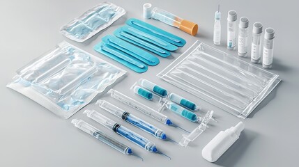 A sterile medical workspace displays various syringes, vials, and other instruments, emphasizing preparation for injections or medical procedures.