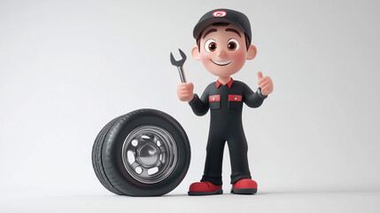 Cartoon Mechanic Holding Wrench Near Tire   Car Repair  Automotive Service  Maintenance