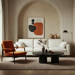 Modern minimalist living room, abstract art, warm color palette, orange armchair, white sofa, black coffee table, geometric shapes, natural light, wooden floor, textured rug, sleek floor lamp, ceramic