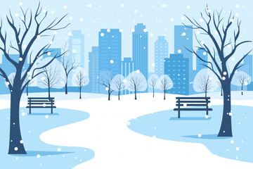 City winter park with snow-covered trees, benches, paths and lanterns against the backdrop of the city. City park landscape of winter nature. Winter Christmas vector illustration.