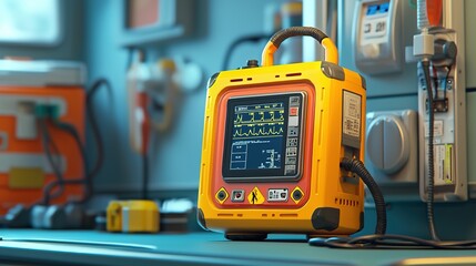 A bright yellow medical device sits on a table, displaying various readings on its screen, surrounded by tools in a clinical environment.