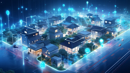 Modern housing estate of single-family houses with a holographic network of connections, smart homes, sustainable development, energy sharing, using 5G to optimize energy consumption and cloud-based v