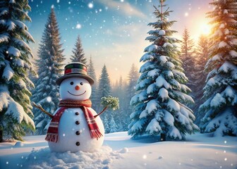 Obraz premium Vintage Winter Wonderland: Snowman in Forest Scene