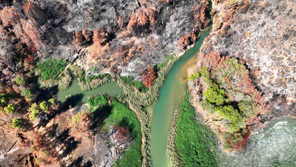 Aerial drone photo of lake and dam of Marathon after mega fires of Athens in August 2024, Attica,...