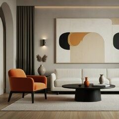 Modern minimalist living room, abstract art, warm color palette, orange armchair, white sofa, black coffee table, geometric shapes, natural light, wooden floor, textured rug, sleek floor lamp, ceramic