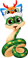 Cartoon green snake with yellow spots wears a colorful dragon hat with red antlers. Playful vector reptile snake sticks out its tongue, representing the 2025 lunar year in Chinese zodiac and culture