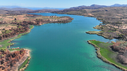 Aerial drone photo of lake and dam of Marathon after mega fires of Athens in August 2024, Attica,...