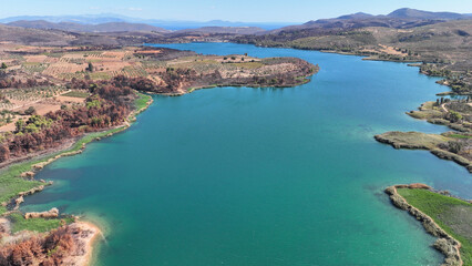 Aerial drone photo of lake and dam of Marathon after mega fires of Athens in August 2024, Attica, Greece