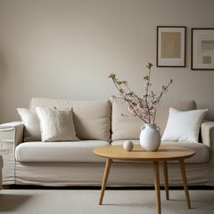Minimalist living room, neutral color palette, beige sofa, white pillows, round wooden coffee table, white ceramic vase with cherry blossoms, smaller decorative sphere, framed art on wall, natural lig