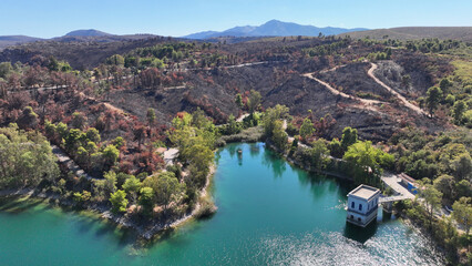 Aerial drone photo of lake and dam of Marathon after mega fires of Athens in August 2024, Attica,...