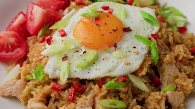 Nasi goreng, fried rice with chicken and egg in Indonesia style. Asian food. Rotating video