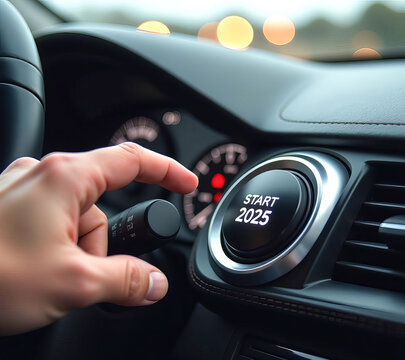 Finger is about to press the ignition button of the car with the text 2024 start.