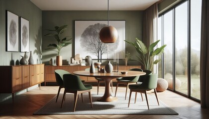 Fototapeta premium Mid-century modern dining room, sage green walls, wooden round table, upholstered green chairs, large pendant light, wooden sideboard, indoor plants, floor-to-ceiling windows, nature view, black and w
